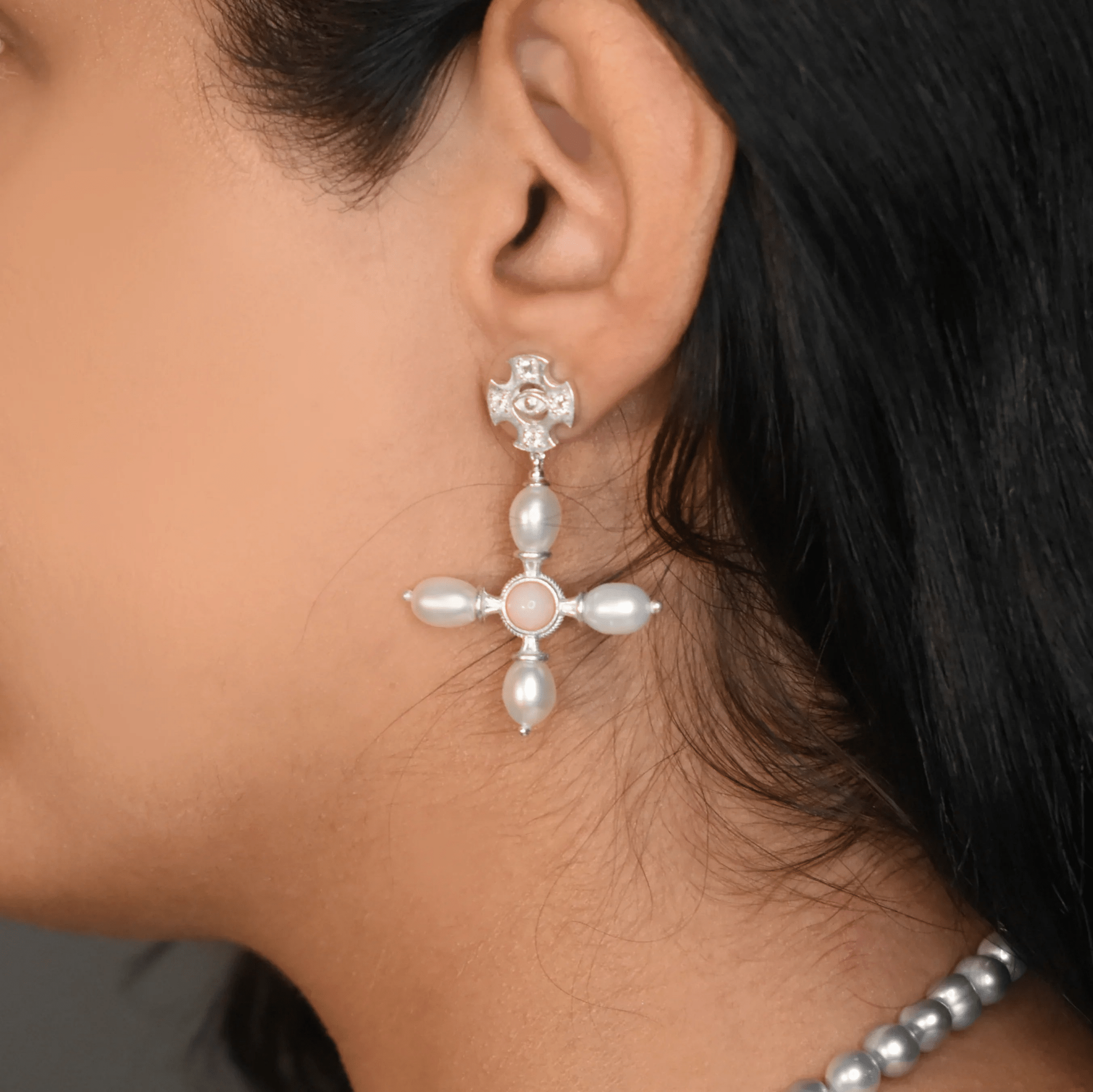 Byzantine Cross Earrings / Pink Opal - BOA PALACE