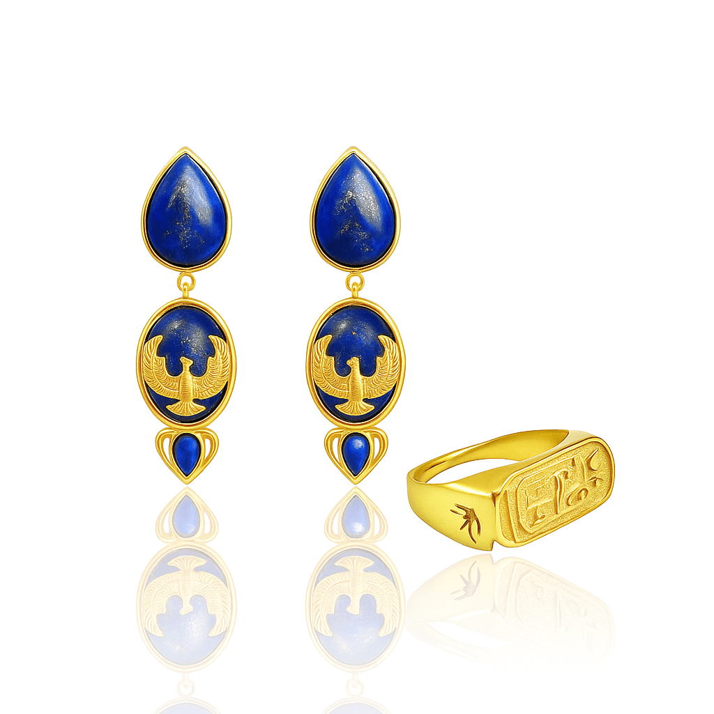 Power of the Divine Set - Goddess Isis Earrings & Sekhem Ra Signet Ring - BOA PALACE