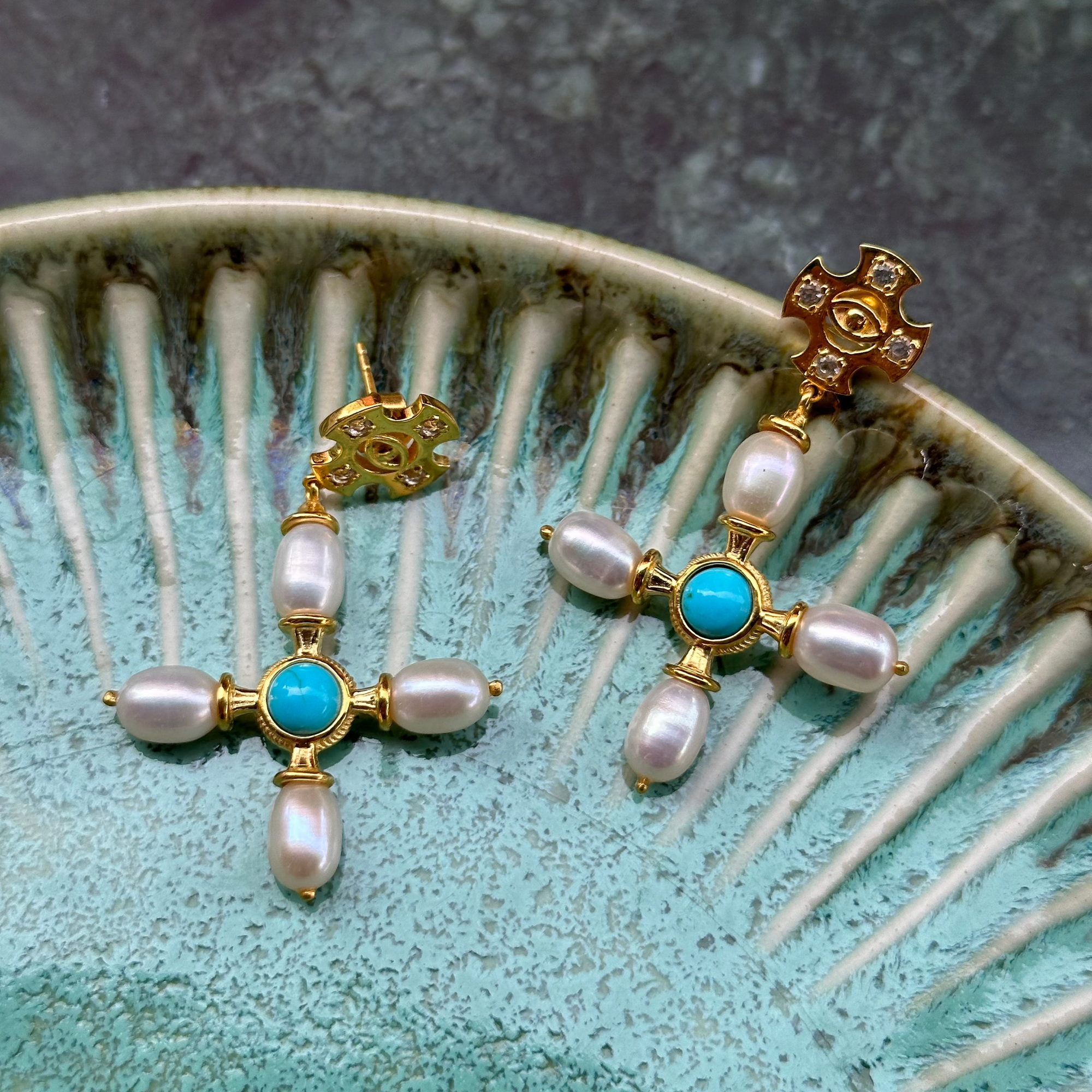 Boucles d'oreilles croix byzantine / Turquoise