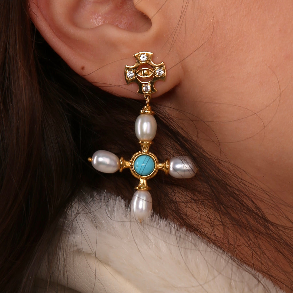 Boucles d'oreilles croix byzantine / Turquoise