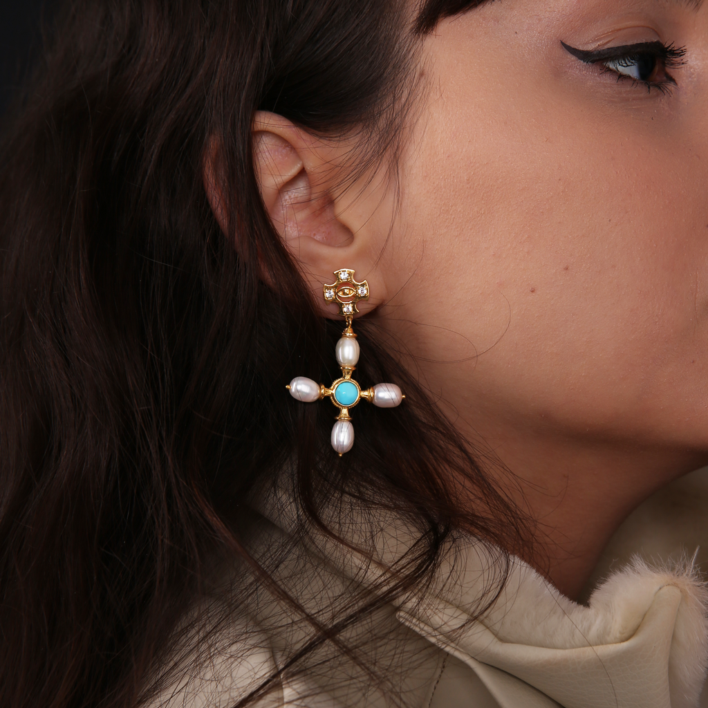 Boucles d'oreilles croix byzantine / Turquoise